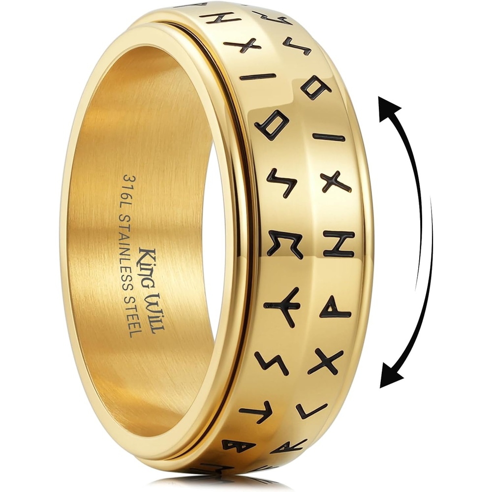 image:imageKing Will Mens 8mm 316L Stainless Steel Viking Runes Fidget RingsGold