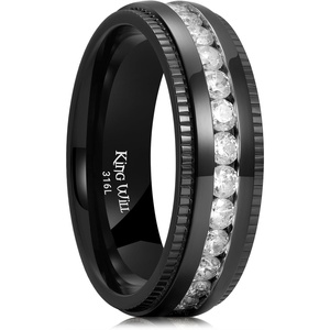King Will 316L Stainless Steel Wedding Band for Men Cubic Zirconia Inlay(B-Black-White-7mm)