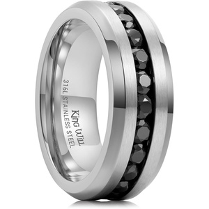 King Will 316L Stainless Steel Wedding Band for Men Cubic Zirconia Inlay(Steek-Black-8mm)