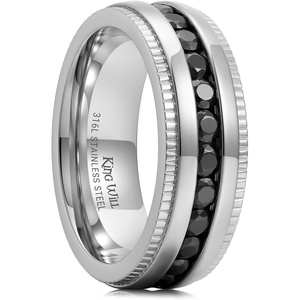 King Will 316L Stainless Steel Wedding Band for Men Cubic Zirconia Inlay(Steel-Black-7mm)