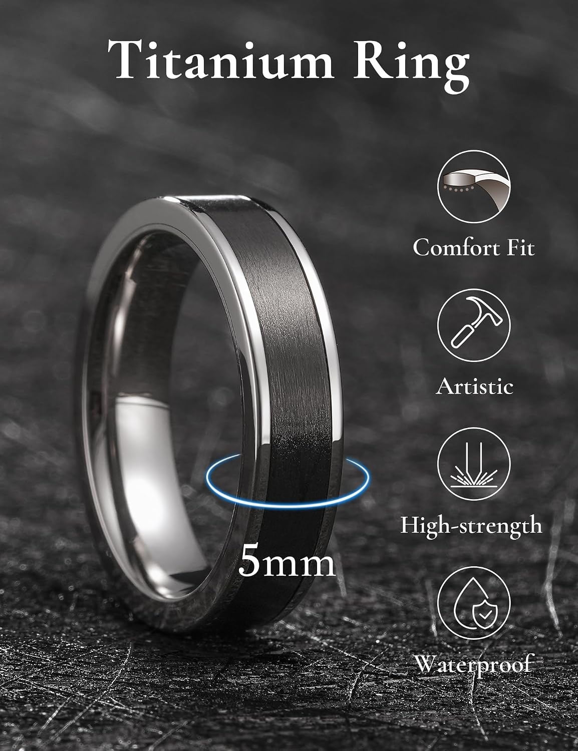 image:imageKing Will Premium All Carbon Fiber Wedding Band for Men Size 714Black Silver5mmFlat