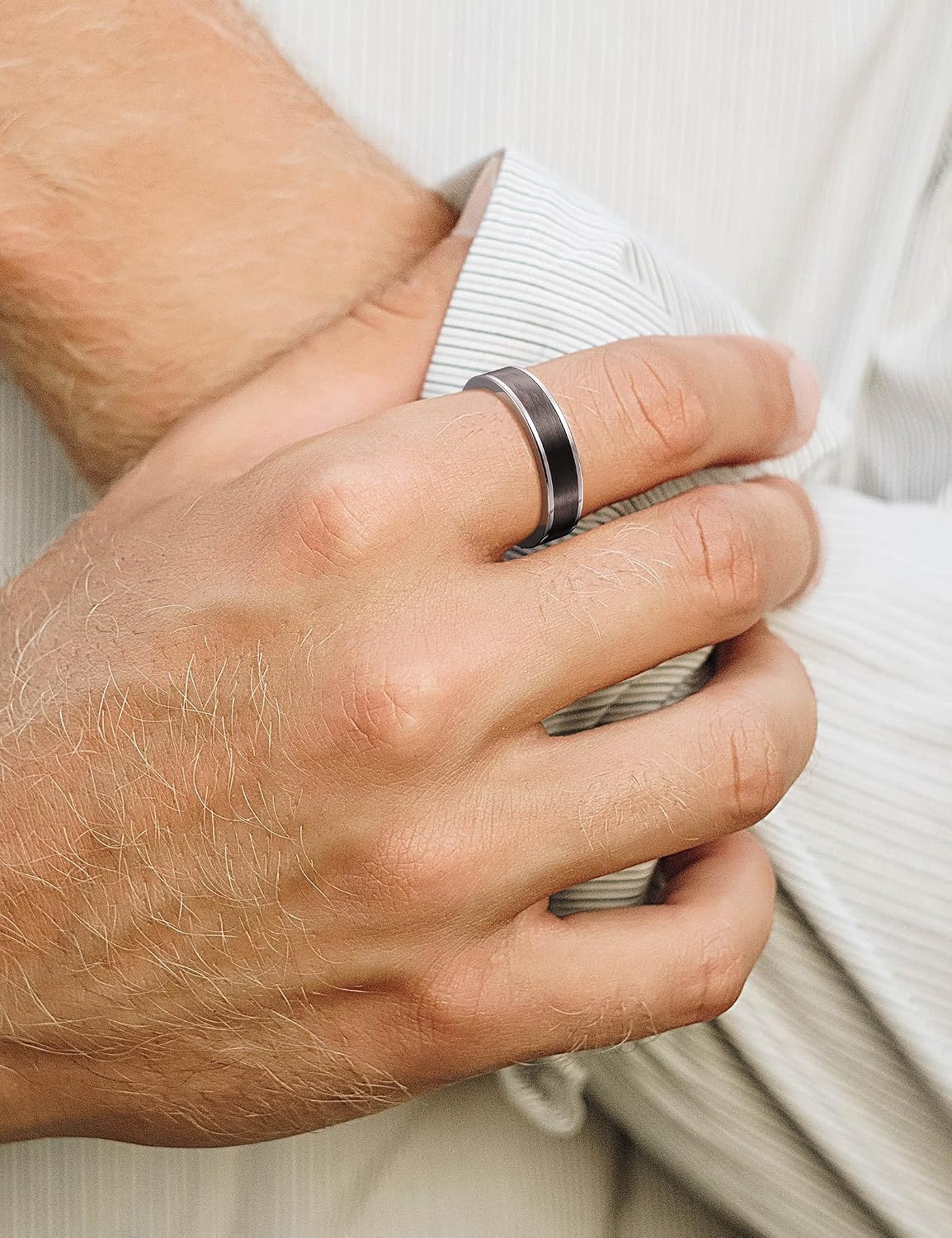 image:imageKing Will Premium All Carbon Fiber Wedding Band for Men Size 714Black Silver5mmFlat
