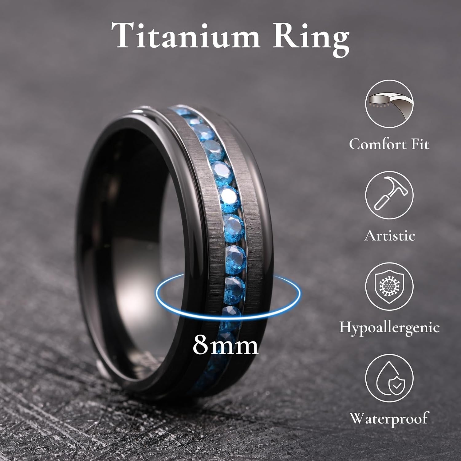 image:imageKing Will Titanium Wedding Band for Men Women with Cubic Zirconia InlayBlackRoyal Blue