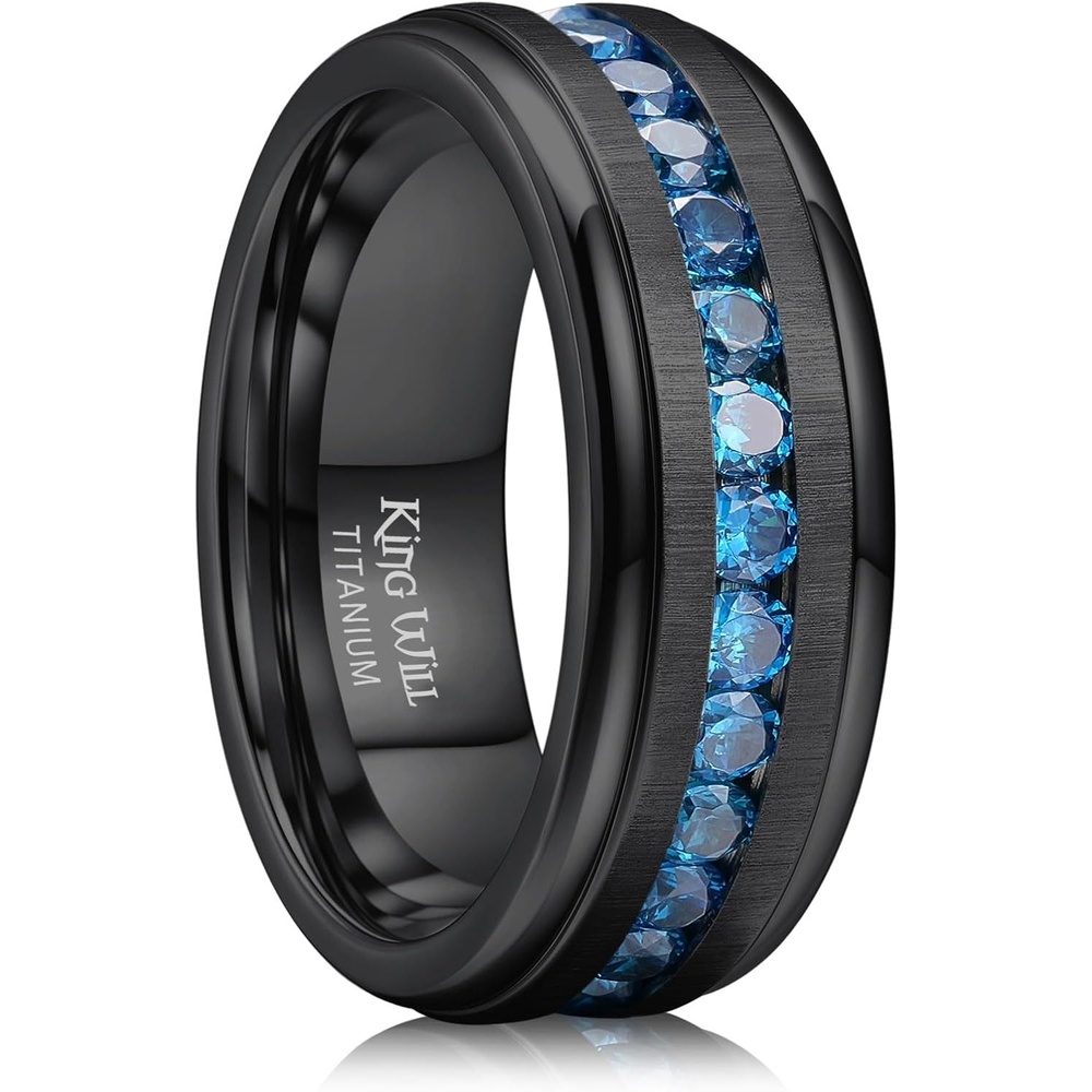 image:imageKing Will Titanium Wedding Band for Men Women with Cubic Zirconia InlayBlackRoyal Blue