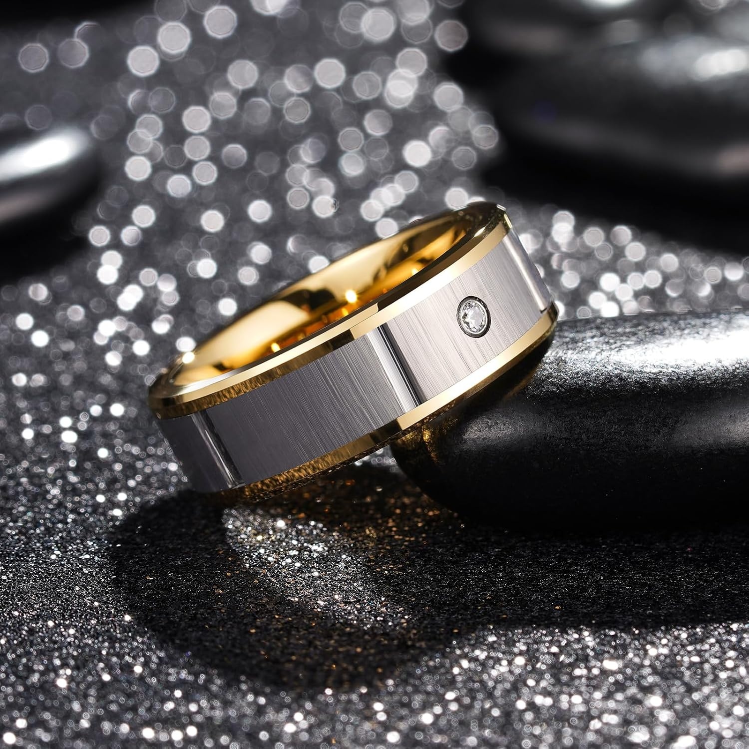 image:imageKing Will Mens Tungsten Wedding Band with Cubic Zircon InlayBGunmetalGold Inlay8mm