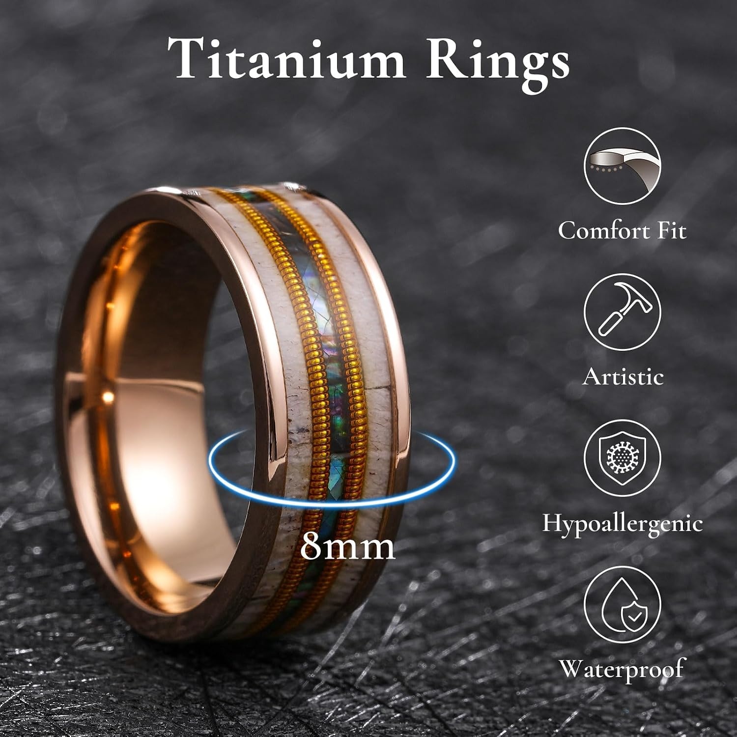 image:imageKing Will 8mm Wedding Band for Men Women Natural AntlerGuitar StringRose GoldA