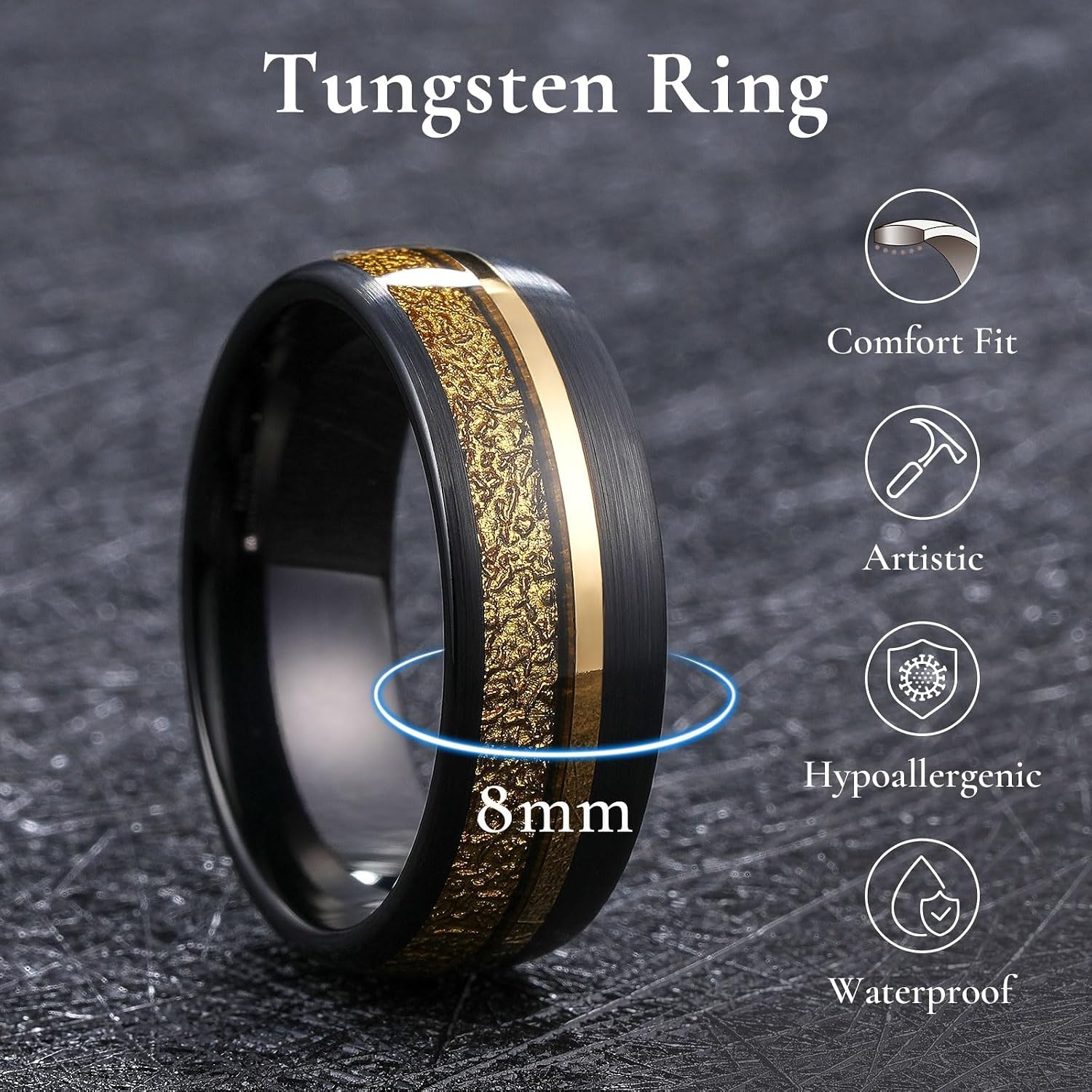 image:imageKing Will Black Tungsten Rings for Men Hammer Wedding BandEmbossed Golden Foil