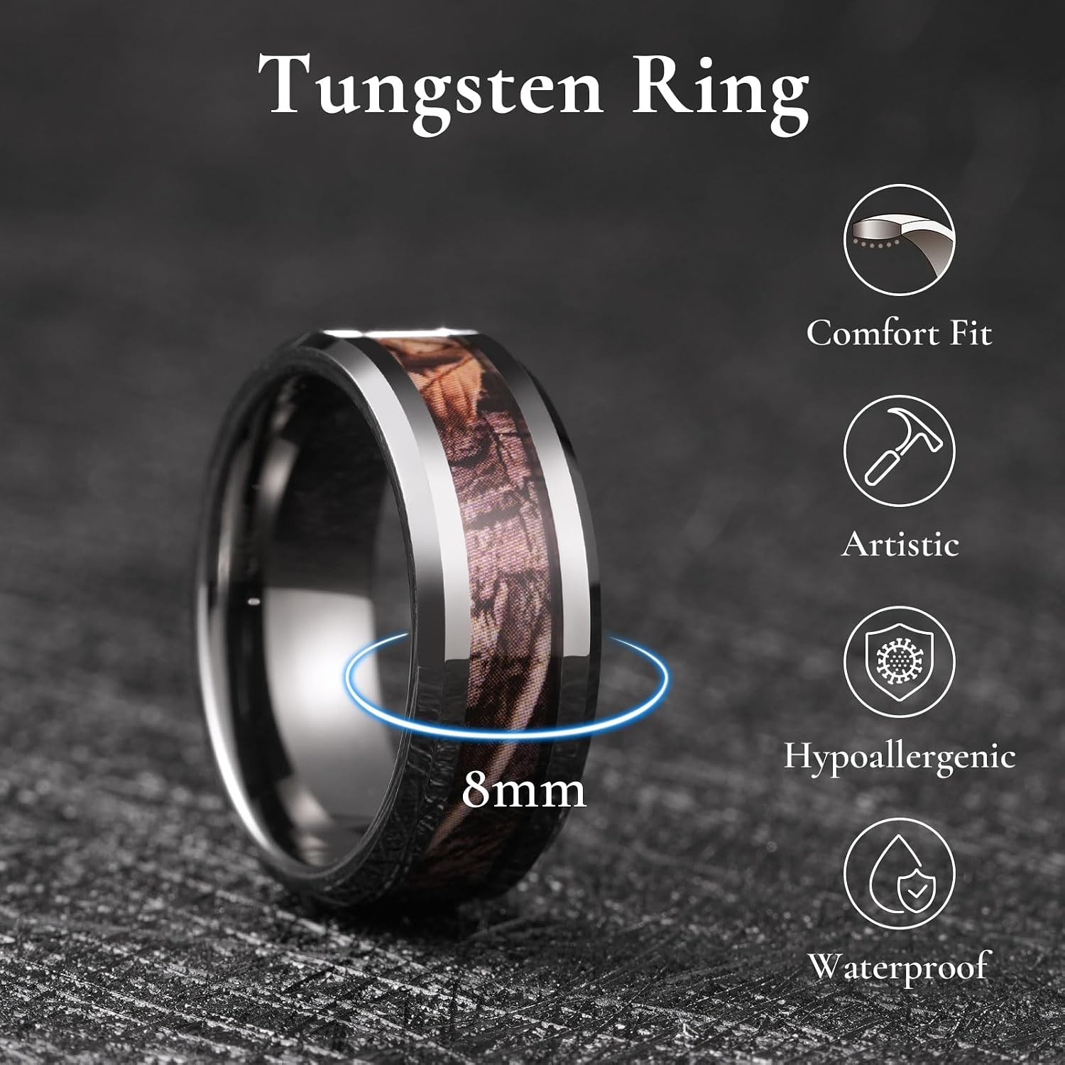 image:imageKing Will Tungsten Carbide Wedding Band for Men Shell InlayGunmetal Camo 8mm