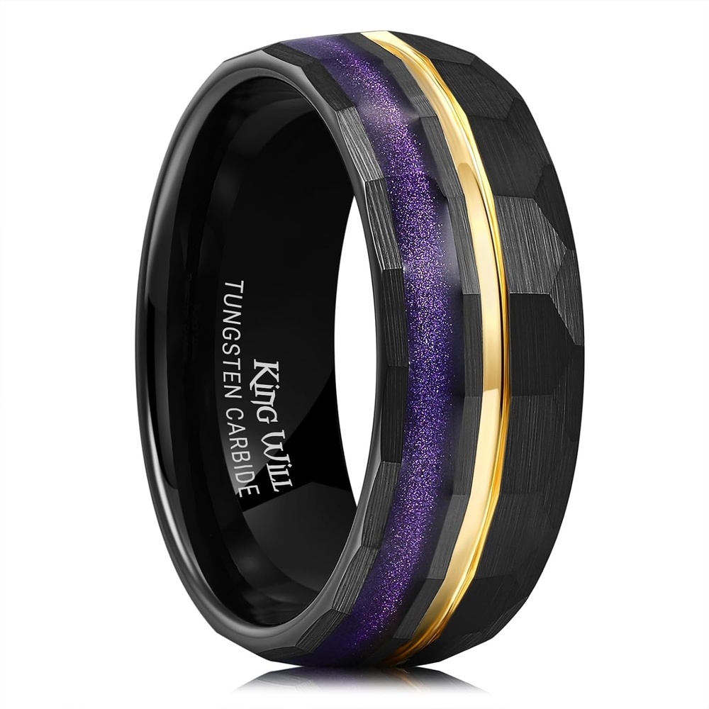 image:imageKing Will Black Tungsten Rings for Men Hammer Wedding BandBlack Purple Sand Inlay
