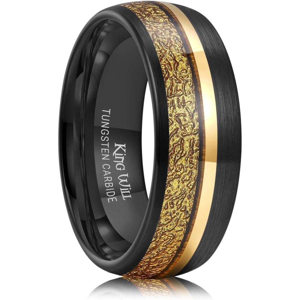 image:imageKing Will Black Tungsten Rings for Men Hammer Wedding BandEmbossed Golden Foil