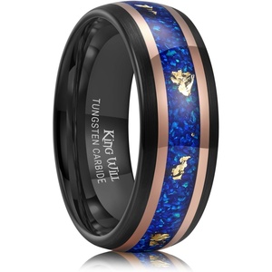King Will Black Tungsten Rings for Men Hammer Wedding Band(Blue Green Opal & Golden Foil)